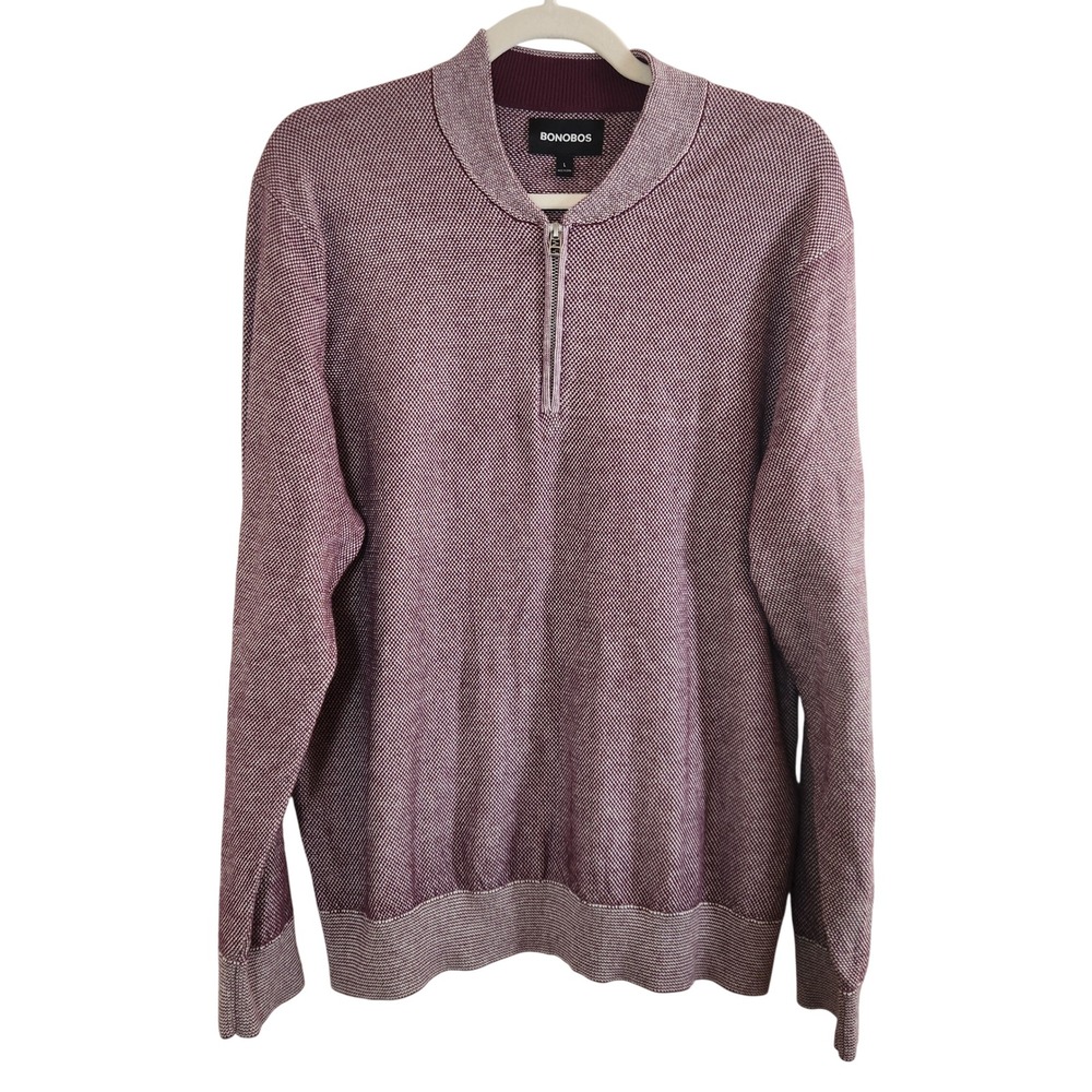 BONOBOS Mens Quarter 1/4 Zip Pullover Sweater Burgundy White Knit Top Size Large